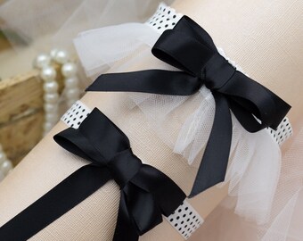 Bridal Garter Black Polka Dot Garter Wedding Black Bridal Lingerie Black and White Wedding Dress Black Garter Belt Polka Dot Wedding Theme