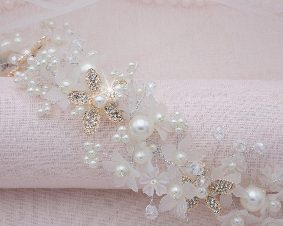 Rose Gold Floral Hair Piece Ivory Pearl Hair Vine Wedding - Etsy