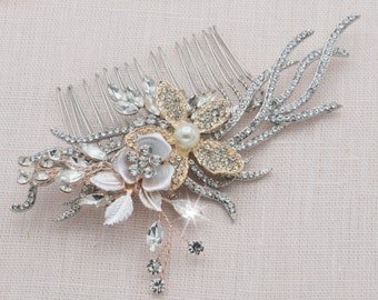 Rose Gold Floral Bridal Hair Comb Wedding Headpiece Crystal Art Deco Hair Piece Flower Hair Comb Handmade Bridal Accessories Side Comb