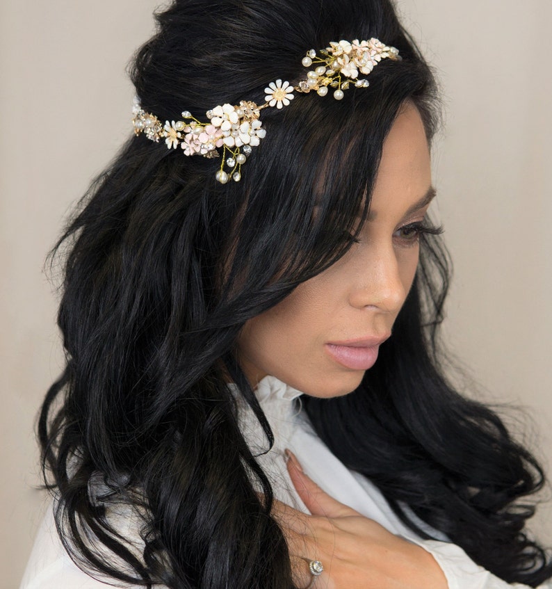 Gold Leaf Daisy Hair Vine White Floral Bridal Hairvine Pink Etsy