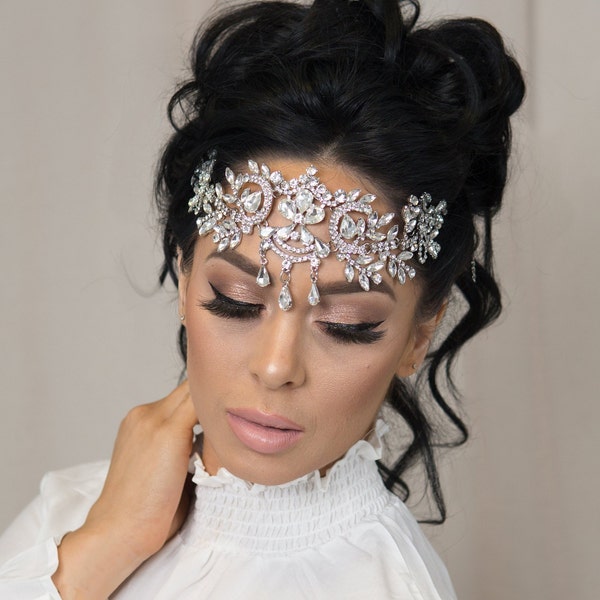 Cristal Diamant Front Tête Couronne Nuptiale vintage Halo Bride Accessoires Cheveux Prom Cheveux Accessoires Eygiptian Headpiece Belly Dancer