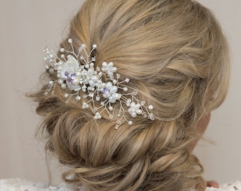 Wedding Pearl Hair Comb Bridal Hair Piece Pearl Hair Vine Crystal Headpiece with Ivory Pearls Opal Hair Accessories Boho Floral Hair Comb