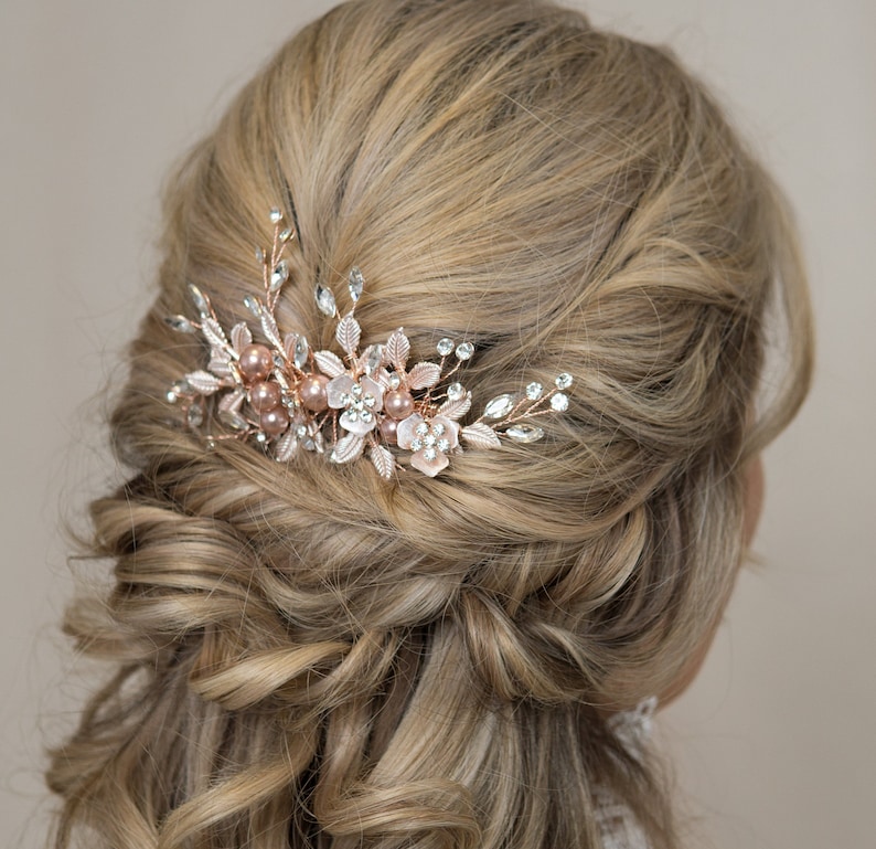 Metallic Rose Gold Floral Pearl Bridal Hair Piece Rosegold Etsy