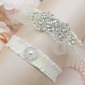Avorio Tulle Giarrettiera Set Strass Giarrettiera Da Sposa Soft Creme Lingerie per Sposa Accessori da Sposa Personalizzati Fatti a Mano per il Giorno del Matrimonio