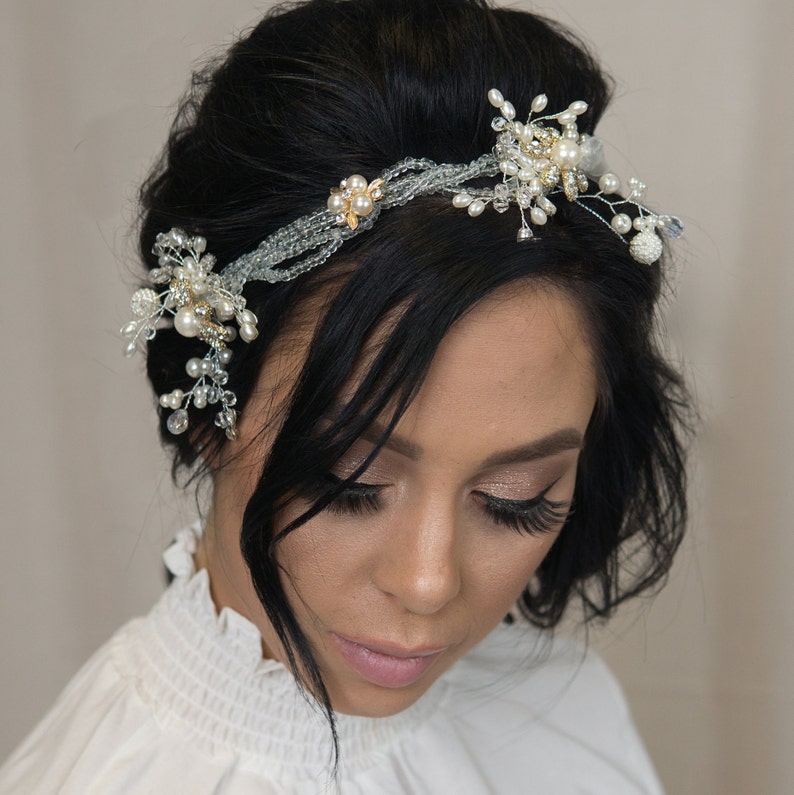 Silver Beaded Gold Floral Pearl Hair Vine Ivory Bridal Etsy