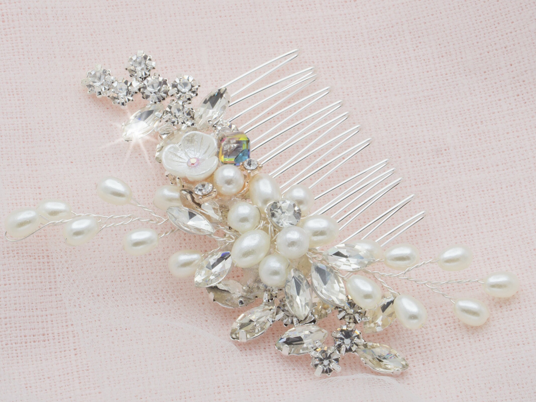 Small Pearl Rhinestone Pink Iridescent Bridal Hair Comb Floral Etsy