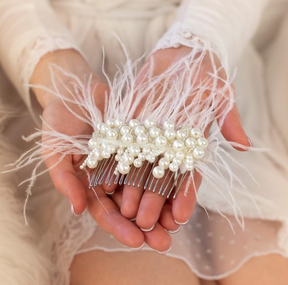 Pearl Wedding Hair Comb Bridal Feather Hairpiece Bridal Hair