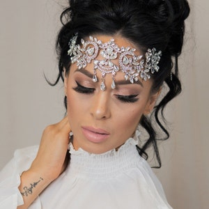 Gouden voorhoofd sieraden Crystal Bridal Tiara Halo zendspoel Tikka haarketting bruids hoofdketting Boho haar krans haarsieraden Gatsby zendspoel