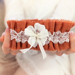 Personalized Wedding Garters Fall Wedding Accessories Rust Linen Bridal Garter Copper Wedding Accessories Custom Bridal Gift 16 Color Ways image 1