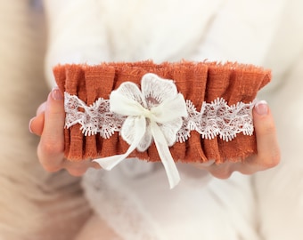 Personalized Wedding Garters Fall Wedding Accessories Rust Linen Bridal Garter Copper Wedding Accessories Custom Bridal Gift 16 Color Ways