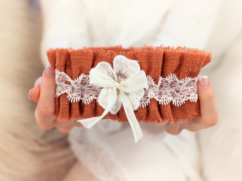 Personalized Wedding Garters Fall Wedding Accessories Rust Linen Bridal Garter Copper Wedding Accessories Custom Bridal Gift 16 Color Ways image 1