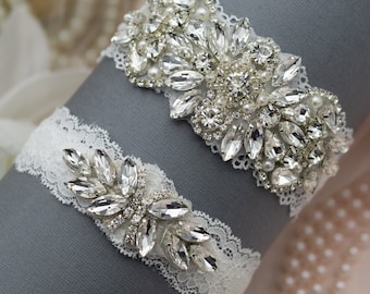 Wedding Garter Set, Bridal Garter set, Lace Garter set, Crystal Bridal Garter, Silver Wedding Garter, Wedding Garter