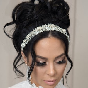 Prata pérola tiara nupcial cristal blush marfim coroa de casamento nupcial pérola grinalda cristal boho cabelo halo nupcial videira casamento tiara