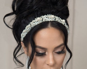 Silver Pearl Bridal Tiara Crystal Blush Ivory Headpiece Wedding Crown Bridal Pearl Wreath Crystal Boho Hair Halo Bridal Vine Wedding Tiara