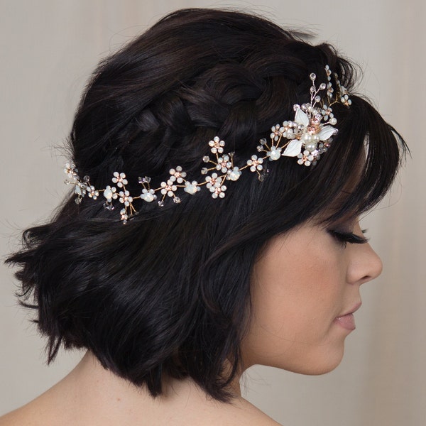 Wedding Headband, Bridal Headband, Pearl wedding headpiece, rhinestone tiara, Sophia Crystal Bridal Beadband