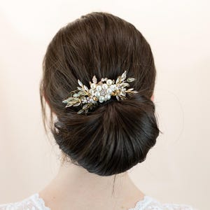 Bronze Leaf & Opal Blue Crystal Hairpiece – Elegant Bridal Headpiece for Special Occasions