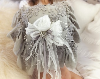 Gray Flower Girl Basket, Ruffled Ring Bearer Pillow Set, Lace Ring Pillow, Elegant Flower Girl Basket, Available in White or Gray, Weddings