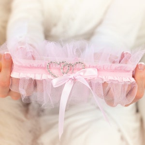 Pink Heart Wedding Garter Set Non Slip Bridal Shower Gift and Lingerie Crystal Ruffled Lace Bride Garters Keepsake & Toss image 1