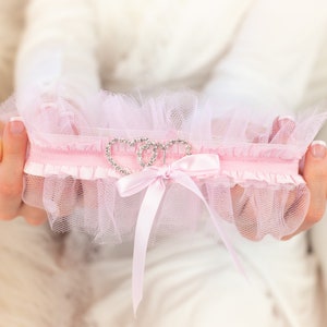 Pink Heart Wedding Garter Set: Ruffled Lace Bridal Garters