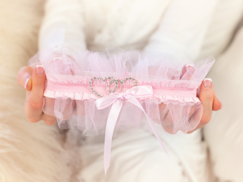 Pink Heart Wedding Garter Set Non Slip Bridal Shower Gift and Lingerie Crystal Ruffled Lace Bride Garters Keepsake & Toss image 1