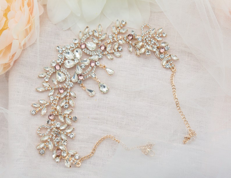 Gold Forehead Jewelry Crystal Bridal Tiara Halo Headpiece Etsy