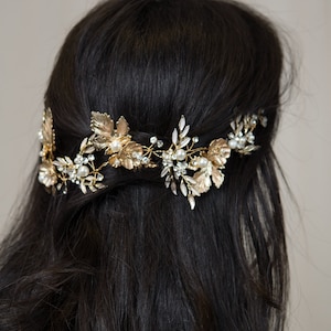 Gold Flower Bridal Headpiece: Crystal Pearl Wedding Hair Comb