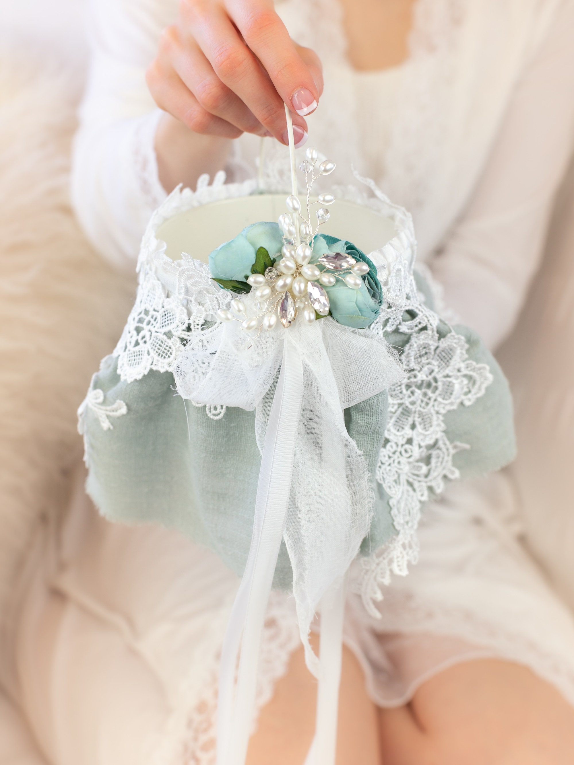Elegant Teal & White Lace Flower Girl Basket Set with Rustic Ring Bearer Pillow – Perfect Wedding Decor