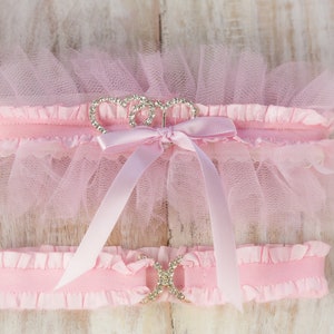 Pink Heart Wedding Garter Set Non Slip Bridal Shower Gift and Lingerie Crystal Ruffled Lace Bride Garters Keepsake & Toss image 6