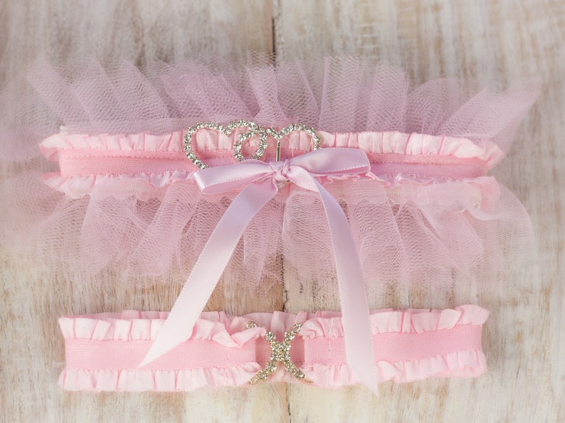 Pink Heart Wedding Garter Set Non Slip Bridal Shower Gift and Lingerie Crystal Ruffled Lace Bride Garters Keepsake & Toss image 6