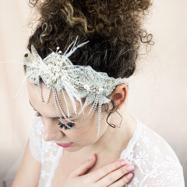 Great Gatsby Wedding Headpiece 1920's Flapper Hairpiece Silver and Pearl Bridal Headpiece Vintage Inspired Bridal Hair Accessories