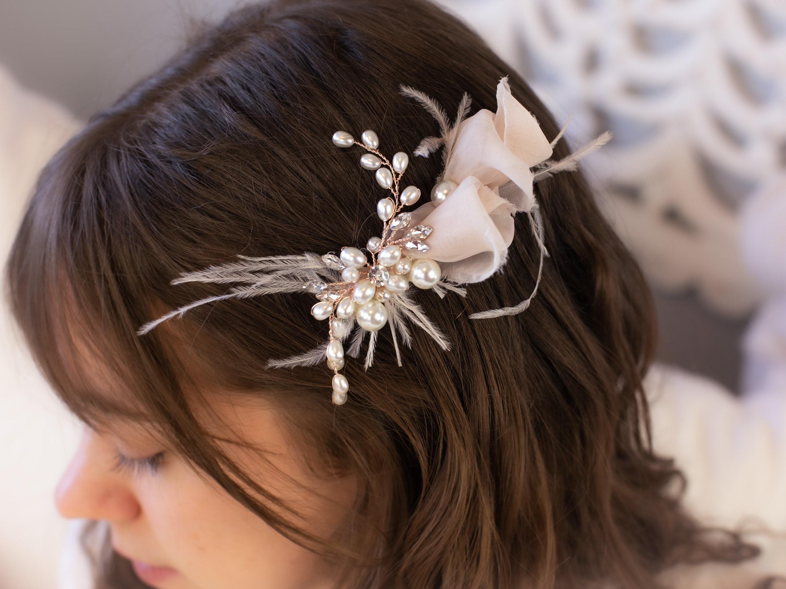 Bridal Hair Piece Wedding Accessories Silk and Pearl Bow Barrette