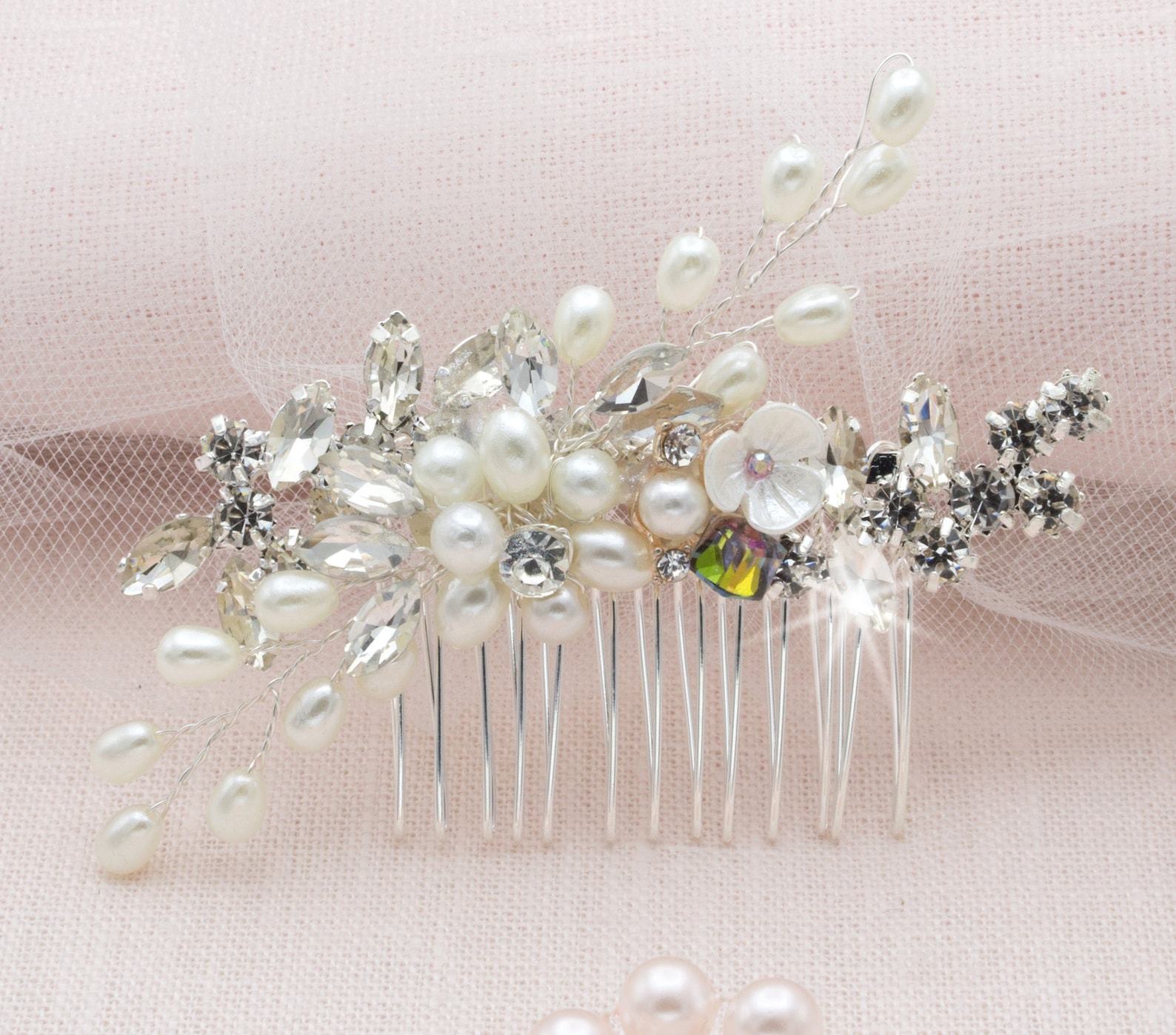Small Pearl Rhinestone Pink Iridescent Bridal Hair Comb Floral Etsy