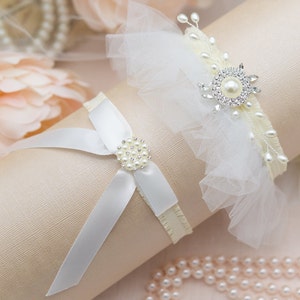 Avorio Tulle Giarrettiera Set Strass Giarrettiera Da Sposa Soft Creme Lingerie per Sposa Accessori da Sposa Personalizzati Fatti a Mano per il Giorno del Matrimonio