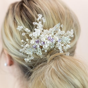 Lavender and Crystal Bridal Hair Comb 2025 Edition, Customize with 35 colors, Crystal Wedding Hairpiece for Wedding Day or Special Occasions