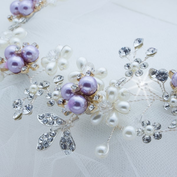 Lavender Hair Vine Purple Hair Piece Purple Hair Comb Lavender Bridal Comb Pearl Hair Wreath Hair Accessories Purple Wedding Grad Headpiece