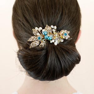Peacock Teal and Gold Hairpiece Special Occasions Headpiece, Prom Weddings, New Years and Birthdays Aqua Pearl and Gold Metallic Leaf Comb