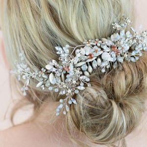 Pearl & Crystal Bridal Hair Comb – Silver Vine Wedding Hairpiece with Blush Accents – Elegant Handmade Headpiece for Brides