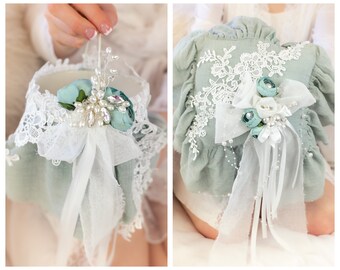 Lace Flower Girl Basket and Ring Bearer Pillow Aqua Flower Girl Set Teal Wedding Accessories