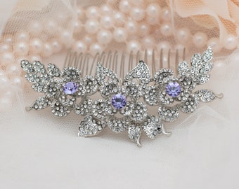 Rhinestone Hair Comb Purple and Crystal Headpiece Bridesmaid Gift Wedding Hairpiece Silver Bridal Hair Comb Flower Hair Comb Custom Wedding