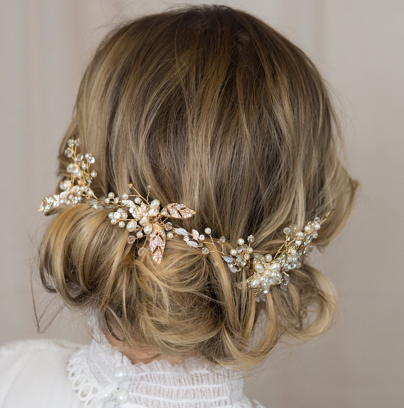 Woodland Wedding Hairvine Gold Leaf, Pearl, Crystal bridal hair accessory, hairpiece, vine, headdress, tiara hair adornment boho headpiece Gold