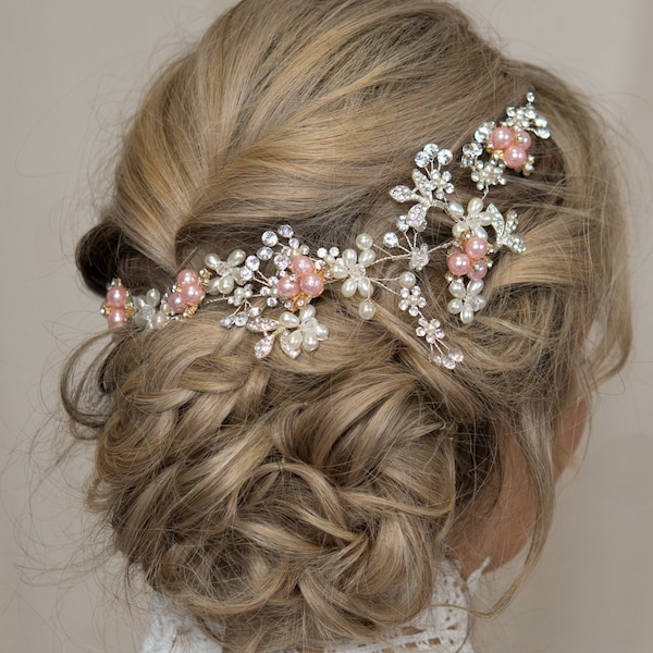 Soft Pink Blush Pearl Hair Vine Blush Hair Comb Pink Wedding Hair Piece Crystal Tiara Blush Wedding Accessories Gold Pink Hair Comb Diadem