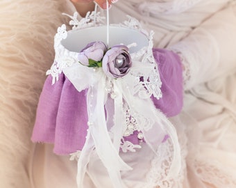 Purple Flower Girl Basket Lavender Ring Bearer Pillow Lace Flower Girl Basket Purple Wedding Gift Wedding Day Decor Luxury Bridal