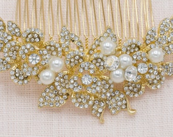 Gold Crystal Hair Comb Wedding Floral Headpiece Bridal Hair Accessories Crystal Flower Hairpiece Pearl Side Comb Diamond Hair Comb Gold Comb