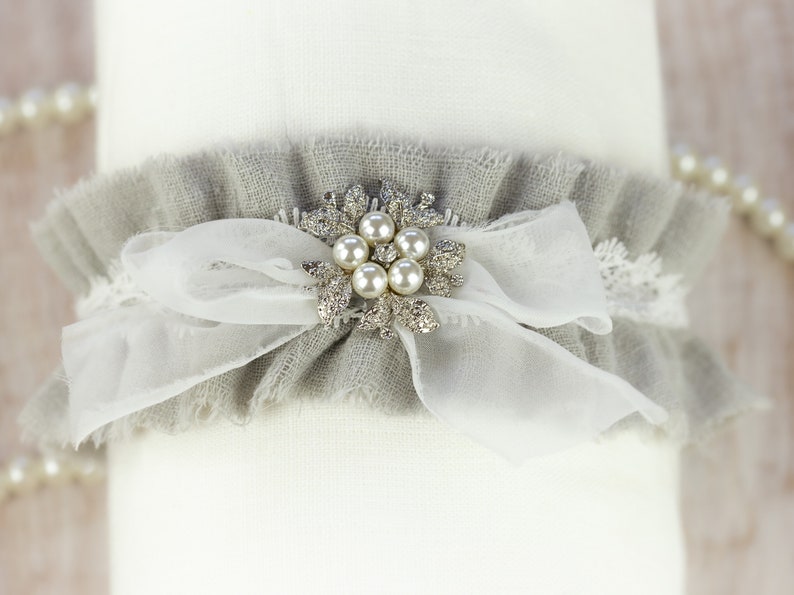 Gray Linen Wedding Garter Bridal Garter Set Grey Leg Garter 16 Custom Colors Personalized Wedding and Bridal Shower Gift Non Slip Garters image 5