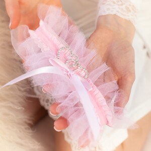 Pink Heart Wedding Garter Set Non Slip Bridal Shower Gift and Lingerie Crystal Ruffled Lace Bride Garters Keepsake & Toss image 5