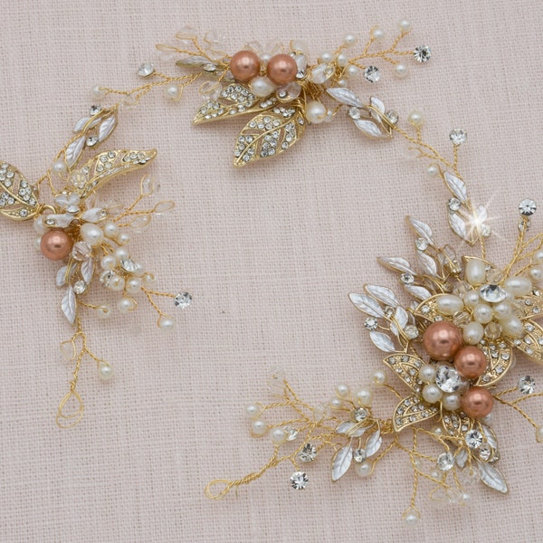 Copper Hair Vine Rust Wedding Gold Leaf Crown Copper Hair Accessories Bridal Wreath Pearl Bride Headpiece Crystal Hair Comb Floral Hairpiece