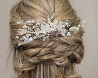 Ivory Silver Pearl Wedding Hair Comb Bridal Headpiece Purple Hair Piece Lavender Hair Vine Bride Accessories Crystal Hair Comb Large Comb