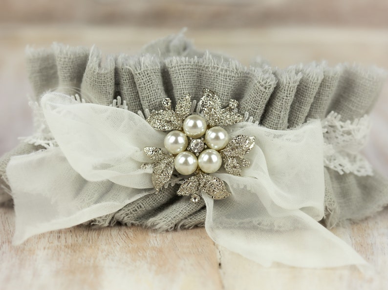 Gray Linen Wedding Garter Bridal Garter Set Grey Leg Garter 16 Custom Colors Personalized Wedding and Bridal Shower Gift Non Slip Garters image 3