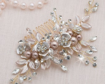 Metallic Rose Gold Floral Pearl Bridal Hair Piece Rosegold Hair Vine Rose Gold Hair Comb Boho Headpiece Zirconia Rose Gold Comb Hairpiece