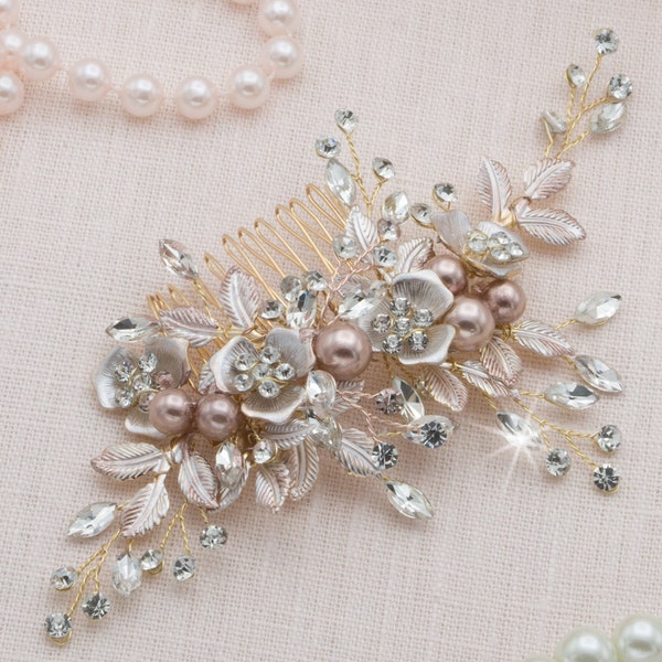 Metallic Rose Gold Floral Pearl Bridal Hair Piece Rosegold Hair Vine Rose Gold Hair Comb Boho Headpiece Zirconia Rose Gold Comb Hairpiece